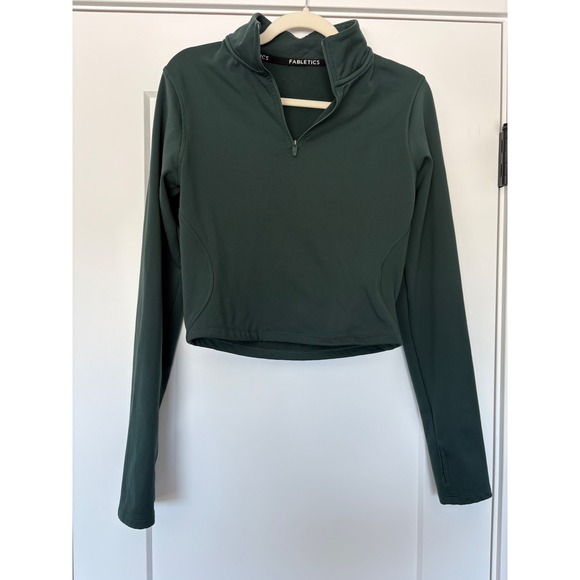 Fabletics Tops - Fabletics 1/4 Athletic Preppy Zip Cropped Pullover Forest Green Thumbholes XS